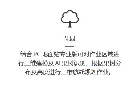 结合 PC 地面站专业版可对作业区域进行三维建模及 AI 果树识别，根据果树分布及高度进行三维航线规划作业。