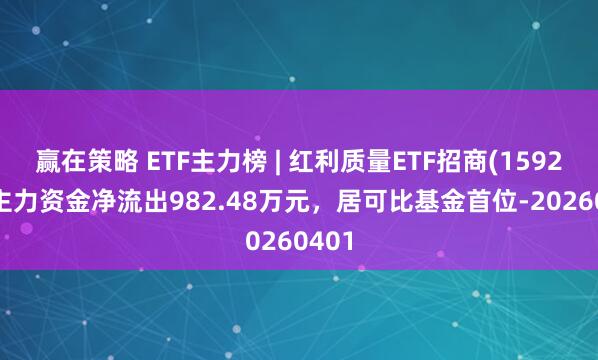 赢在策略 ETF主力榜 | 红利质量ETF招商(159209)主力资金净流出982.48万元，居可比基金首位-20260401
